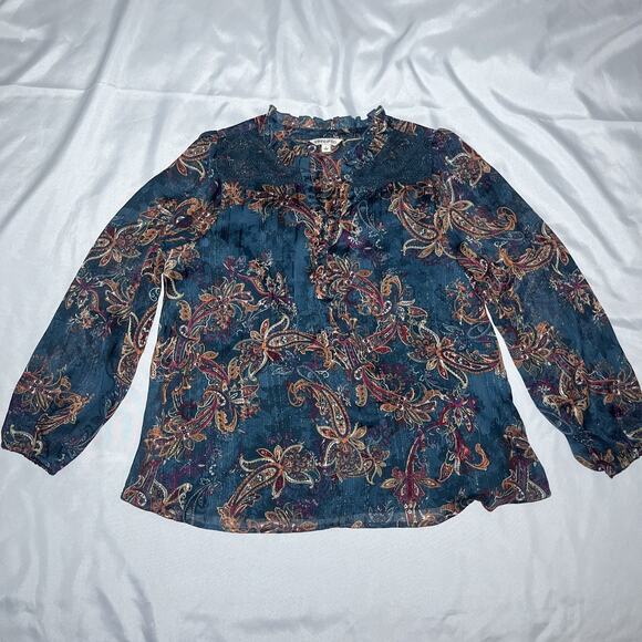 Frye and Co Peasant Top Women L Floral Paisley Ruffle Boho Western Lined Sparkle - Picture 1 of 9